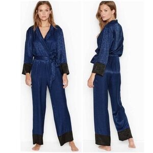 NWT Victoria’s Secret Zebra Print Belted Pajama Jumpsuit Nightgown Blue Medium
